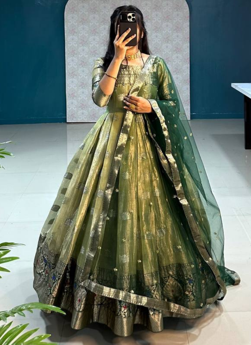 GREEN COLOUR TISSUE ORGANZA GOWN WITH DUPATTA