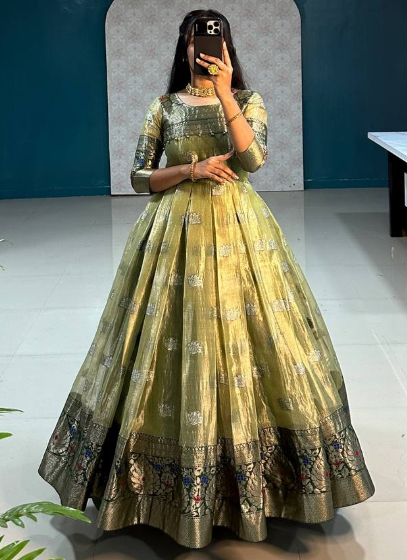 GREEN COLOUR TISSUE ORGANZA GOWN WITH DUPATTA