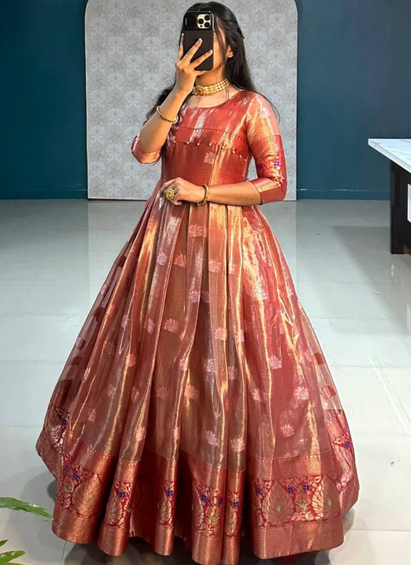 RED COLOUR TISSUE ORGANZA GOWN WITH DUPATTA