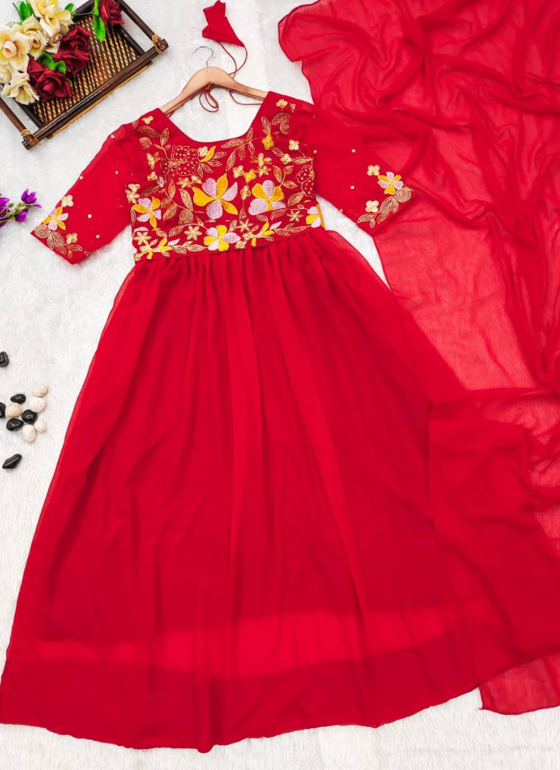 Red Colour Georgette Anarkali with Jari Embroidery work Gown