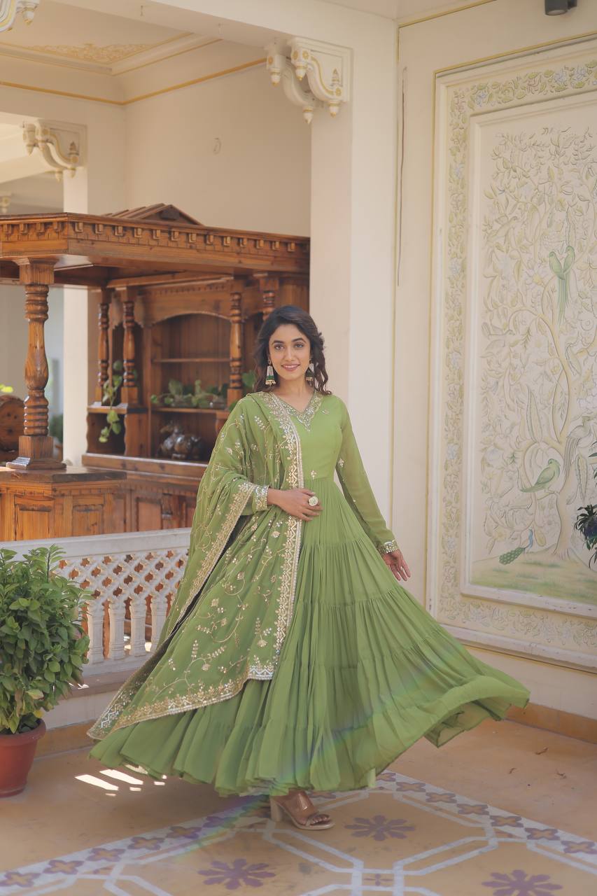 Full Flair Gown With Dupatta in Parrot-green Colour