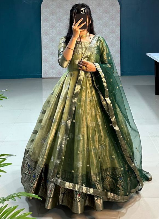 GREEN COLOUR TISSUE ORGANZA GOWN WITH DUPATTA