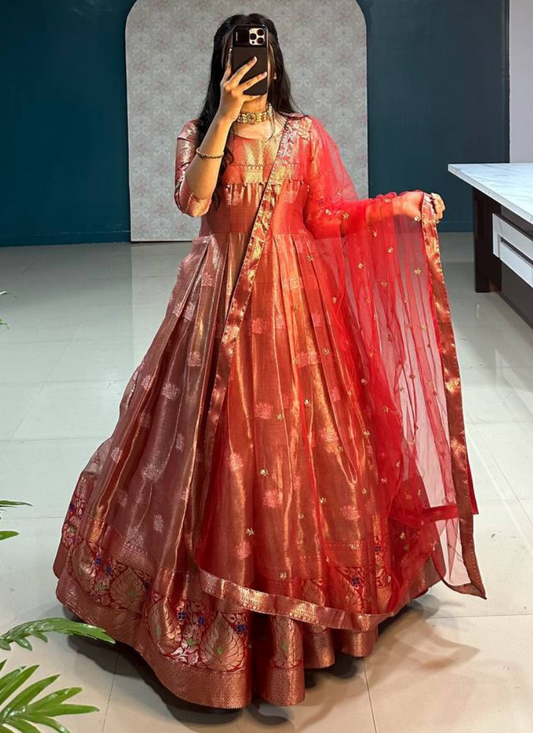RED COLOUR TISSUE ORGANZA GOWN WITH DUPATTA
