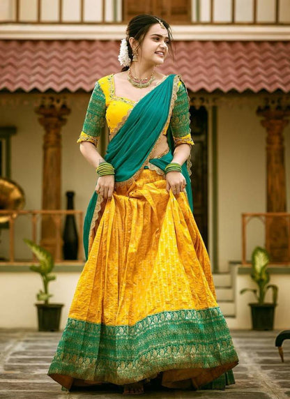 Zari Weaving Embroidered Lahenga Choli with Beautiful Golden Work Dupatta