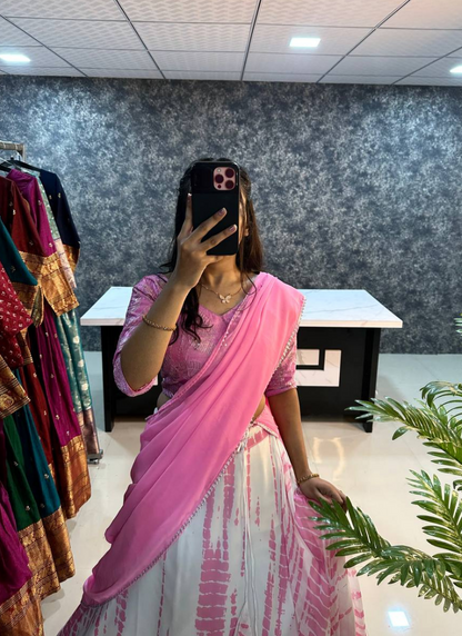 Pink Colour Sibori Print Lehenga With Dupatta