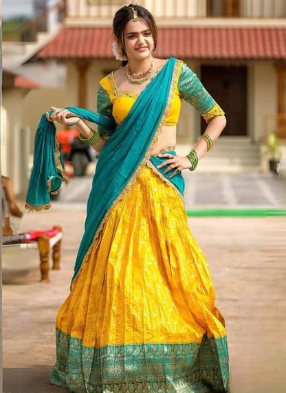 Zari Weaving Embroidered Lahenga Choli with Beautiful Golden Work Dupatta