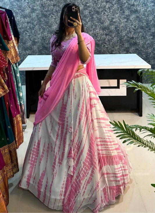 Pink Colour Sibori Print Lehenga With Dupatta