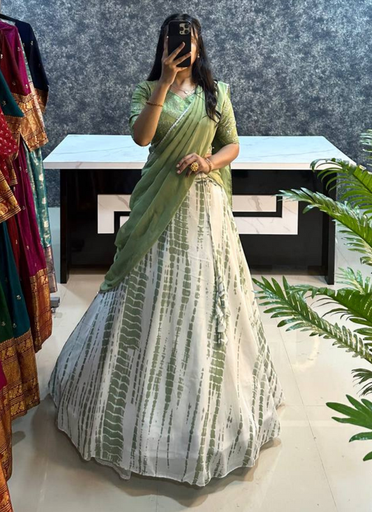 Light Green Colour Sibori Print Lehenga With Dupatta