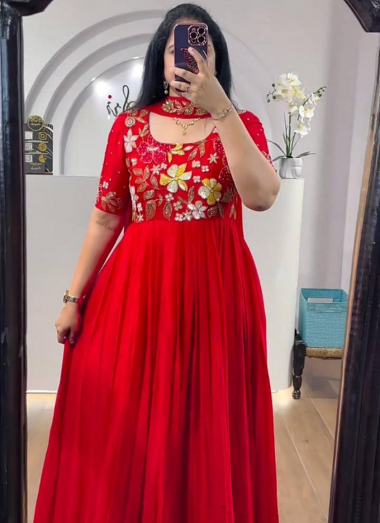 Red Colour Georgette Anarkali with  Jari Embroidery work Gown