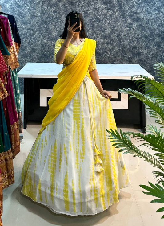 Yellow Colour Sibori Print Lehenga With Dupatta