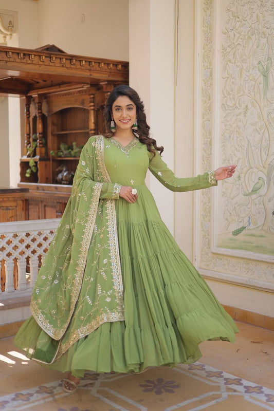 Full Flair Gown With Dupatta in Parrot-green Colour