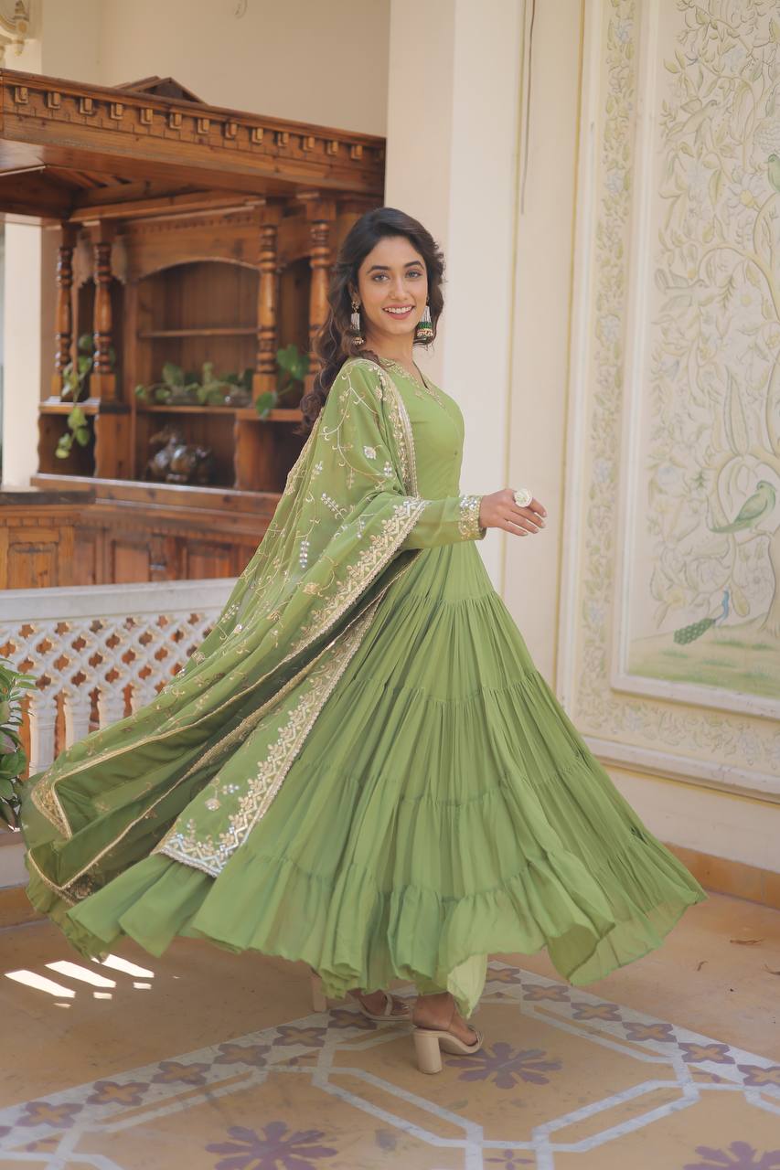 Full Flair Gown With Dupatta in Parrot-green Colour