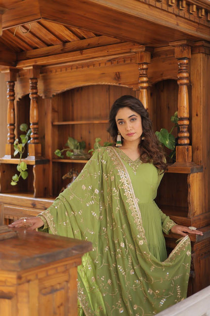 Full Flair Gown With Dupatta in Parrot-green Colour