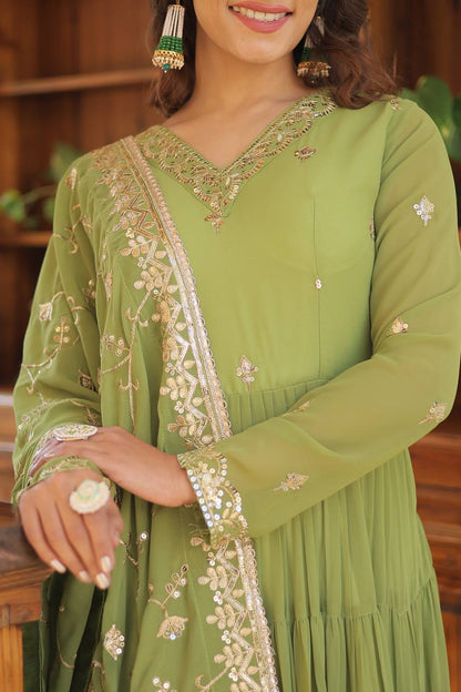 Full Flair Gown With Dupatta in Parrot-green Colour