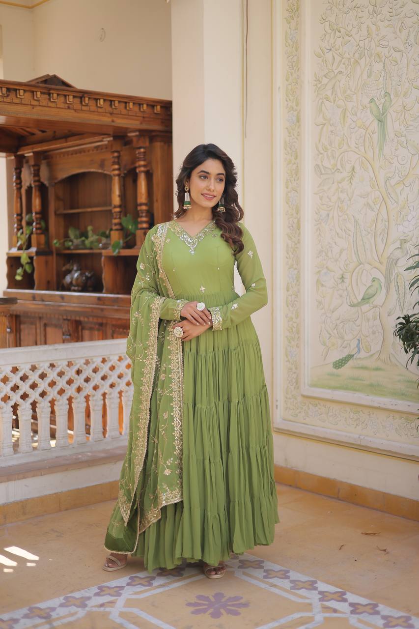 Full Flair Gown With Dupatta in Parrot-green Colour