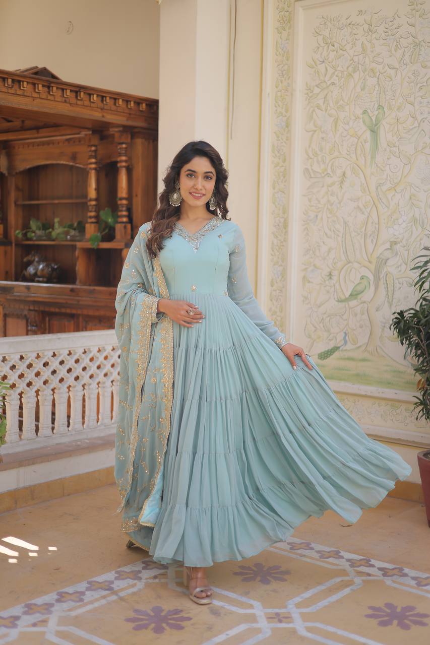 Full Flair Gown With Dupatta in Sky Blue Colour