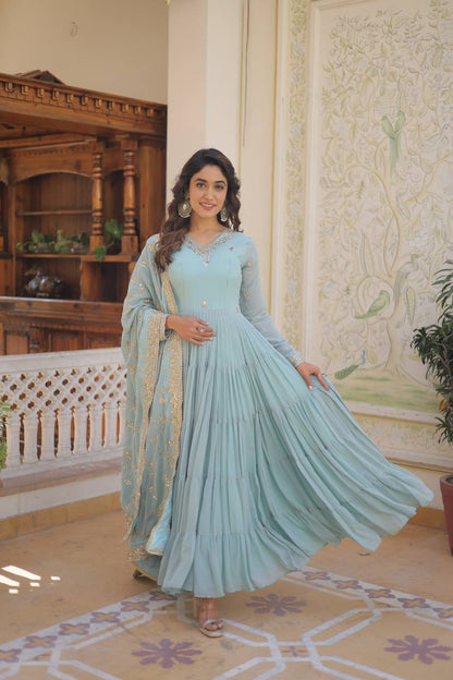 Full Flair Gown With Dupatta in Sky Blue Colour