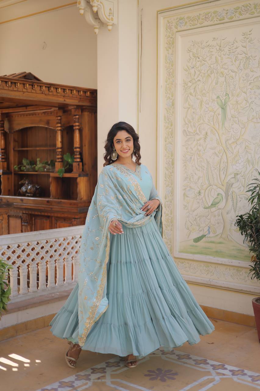 Full Flair Gown With Dupatta in Sky Blue Colour