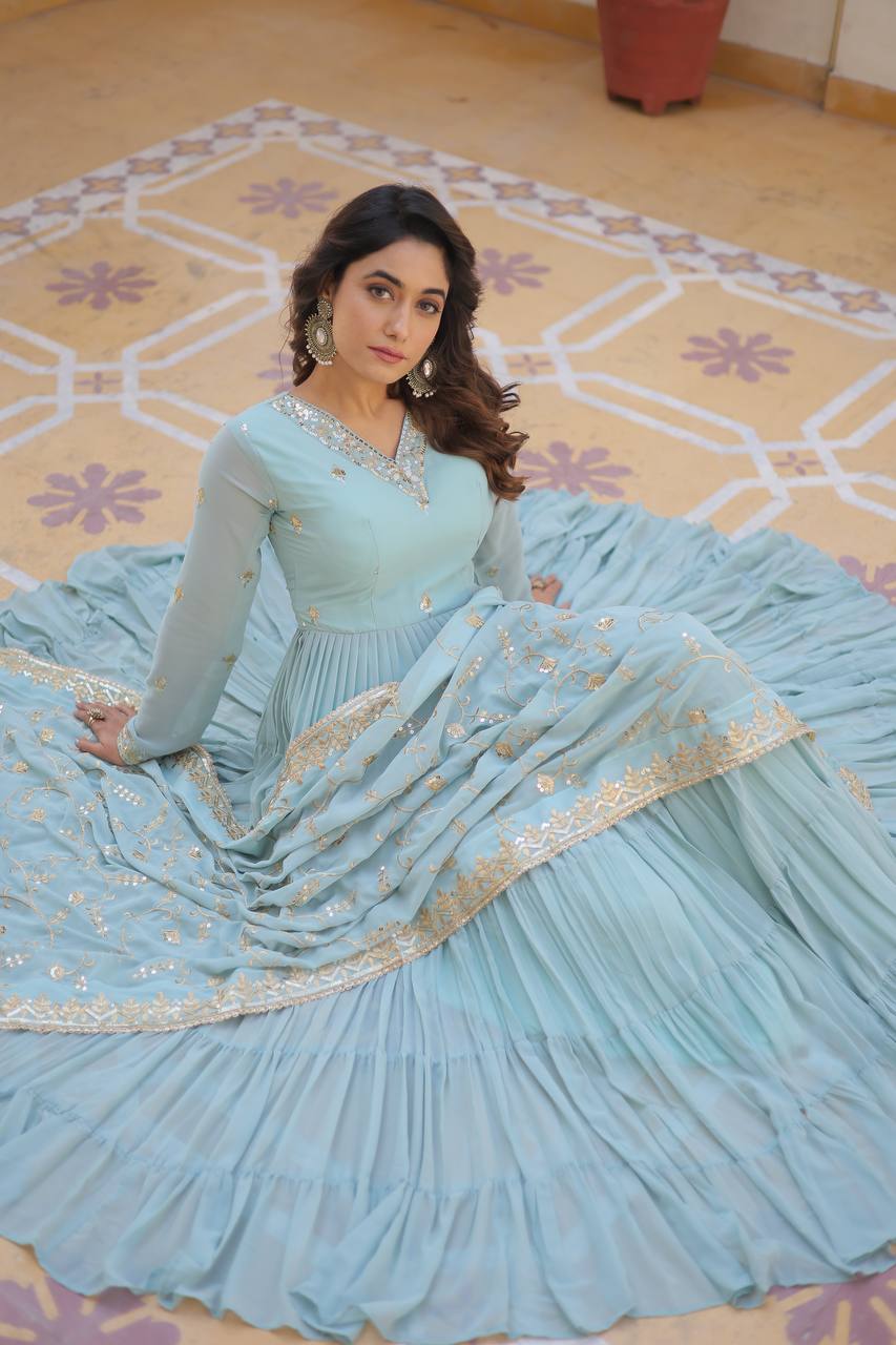 Full Flair Gown With Dupatta in Sky Blue Colour