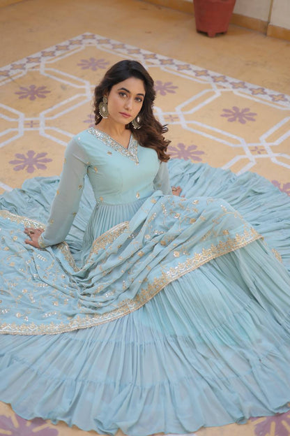 Full Flair Gown With Dupatta in Sky Blue Colour