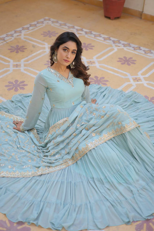 Full Flair Gown With Dupatta in Sky Blue Colour