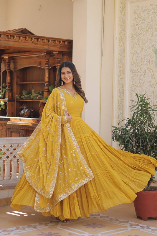 Full Flair Gown With Dupatta in Yellow Colour