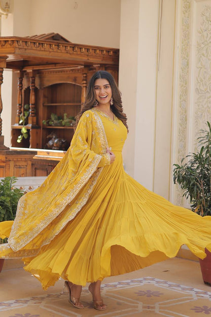 Full Flair Gown With Dupatta in Yellow Colour