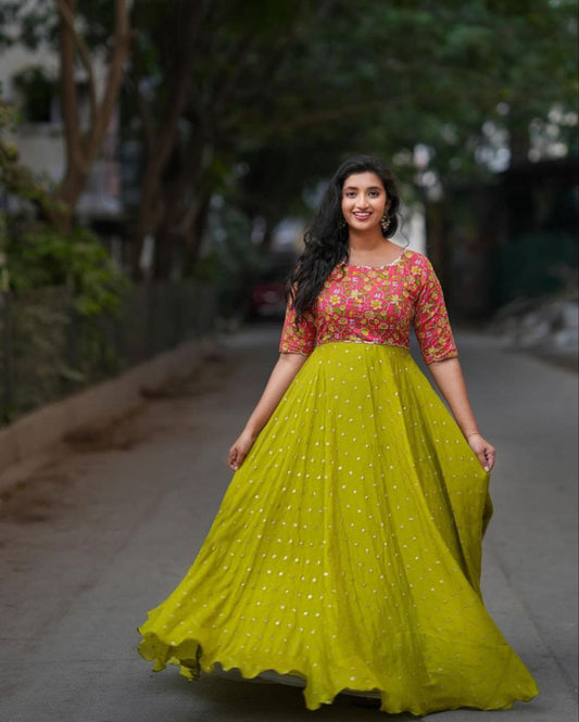 Designer gown in parrot green colour