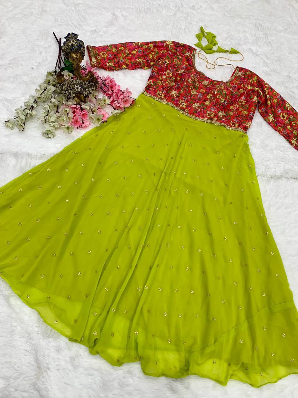 Designer gown in parrot green colour