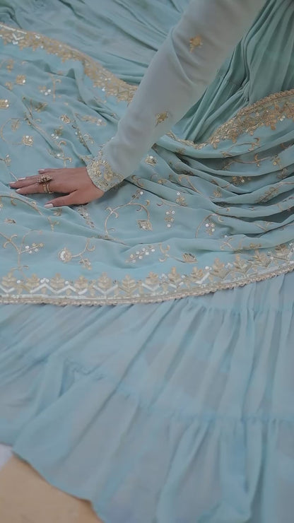 Full Flair Gown With Dupatta in Parrot-green Colour